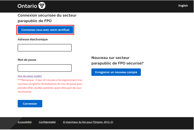 Écran de connexion sécurisée du secteur parapublic de FPO, utilisateurs cliquer sur Connectez-vous avec votre certificat